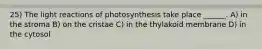 25) The light reactions of photosynthesis take place ______. A) in the stroma B) on the cristae C) in the thylakoid membrane D) in the cytosol