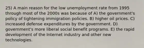 25) A main reason for the low unemployment rate from 1995 through most of the 2000s was because of A) the government's policy of tightening immigration policies. B) higher oil prices. C) increased defense expenditures by the government. D) government's more liberal social benefit programs. E) the rapid development of the Internet industry and other new technologies.