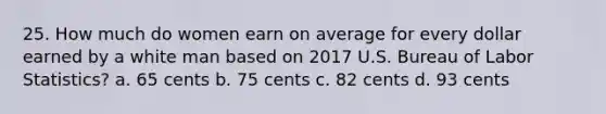 25. How much do women earn on average for every dollar earned by a white man based on 2017 U.S. Bureau of Labor Statistics? a. 65 cents b. 75 cents c. 82 cents d. 93 cents