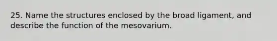 25. Name the structures enclosed by the broad ligament, and describe the function of the mesovarium.