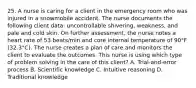 25. A nurse is caring for a client in the emergency room who was injured in a snowmobile accident. The nurse documents the following client data: uncontrollable shivering, weakness, and pale and cold skin. On further assessment, the nurse notes a heart rate of 53 beats/min and core internal temperature of 90°F (32.3°C). The nurse creates a plan of care and monitors the client to evaluate the outcomes. This nurse is using which type of problem solving in the care of this client? A. Trial-and-error process B. Scientific knowledge C. Intuitive reasoning D. Traditional knowledge