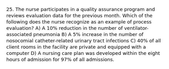 25. The nurse participates in a quality assurance program and reviews evaluation data for the previous month. Which of the following does the nurse recognize as an example of process evaluation? A) A 10% reduction in the number of ventilator-associated pneumonia B) A 5% increase in the number of nosocomial catheter-related urinary tract infections C) 40% of all client rooms in the facility are private and equipped with a computer D) A nursing care plan was developed within the eight hours of admission for 97% of all admissions.