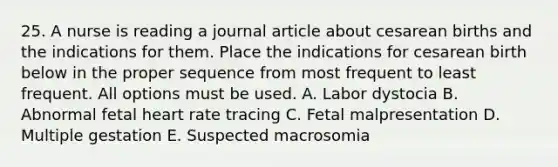 25. A nurse is reading a journal article about cesarean births and the indications for them. Place the indications for cesarean birth below in the proper sequence from most frequent to least frequent. All options must be used. A. Labor dystocia B. Abnormal fetal heart rate tracing C. Fetal malpresentation D. Multiple gestation E. Suspected macrosomia