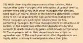 25) While observing the departments in her division, Aisha notices that some managers with wide spans of control seem to perform more effectively than other managers with similarly sized spans of control. Which of the following statements is most likely to be true regarding the high-performing managers? A) These managers are paid higher salaries than the low-performing managers. B) These managers have external locus of control. C) The employees within their departments tend to compete to reach productivity goals, which boosts performance. D) The employees within their departments score high on agreeableness. E) The employees within their departments are highly skilled and very knowledgeable about their jobs.