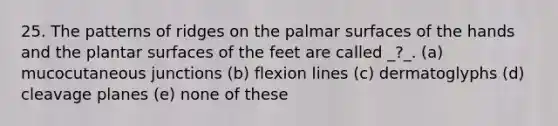 25. The patterns of ridges on the palmar surfaces of the hands and the plantar surfaces of the feet are called _?_. (a) mucocutaneous junctions (b) flexion lines (c) dermatoglyphs (d) cleavage planes (e) none of these