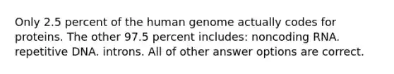 Only 2.5 percent of the human genome actually codes for proteins. The other 97.5 percent includes: noncoding RNA. repetitive DNA. introns. All of other answer options are correct.