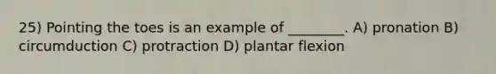25) Pointing the toes is an example of ________. A) pronation B) circumduction C) protraction D) plantar flexion