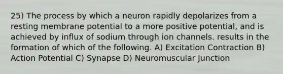 25) The process by which a neuron rapidly depolarizes from a resting membrane potential to a more positive potential, and is achieved by influx of sodium through ion channels. results in the formation of which of the following. A) Excitation Contraction B) Action Potential C) Synapse D) Neuromuscular Junction