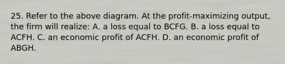 25. Refer to the above diagram. At the profit-maximizing output, the firm will realize: A. a loss equal to BCFG. B. a loss equal to ACFH. C. an economic profit of ACFH. D. an economic profit of ABGH.