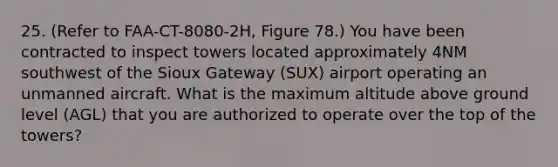 25. (Refer to FAA-CT-8080-2H, Figure 78.) You have been contracted to inspect towers located approximately 4NM southwest of the Sioux Gateway (SUX) airport operating an unmanned aircraft. What is the maximum altitude above ground level (AGL) that you are authorized to operate over the top of the towers?