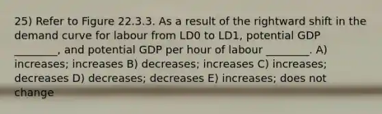 25) Refer to Figure 22.3.3. As a result of the rightward shift in the demand curve for labour from LD0 to LD1, potential GDP ________, and potential GDP per hour of labour ________. A) increases; increases B) decreases; increases C) increases; decreases D) decreases; decreases E) increases; does not change