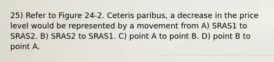 25) Refer to Figure 24-2. Ceteris paribus, a decrease in the price level would be represented by a movement from A) SRAS1 to SRAS2. B) SRAS2 to SRAS1. C) point A to point B. D) point B to point A.