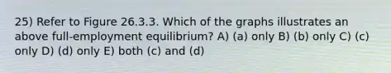 25) Refer to Figure 26.3.3. Which of the graphs illustrates an above full-employment equilibrium? A) (a) only B) (b) only C) (c) only D) (d) only E) both (c) and (d)