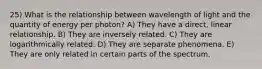 25) What is the relationship between wavelength of light and the quantity of energy per photon? A) They have a direct, linear relationship. B) They are inversely related. C) They are logarithmically related. D) They are separate phenomena. E) They are only related in certain parts of the spectrum.