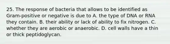 25. The response of bacteria that allows to be identified as Gram-positive or negative is due to A. the type of DNA or RNA they contain. B. their ability or lack of ability to fix nitrogen. C. whether they are aerobic or anaerobic. D. cell walls have a thin or thick peptidoglycan.