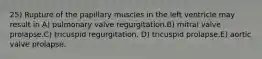 25) Rupture of the papillary muscles in the left ventricle may result in A) pulmonary valve regurgitation.B) mitral valve prolapse.C) tricuspid regurgitation. D) tricuspid prolapse.E) aortic valve prolapse.