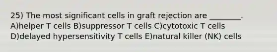 25) The most significant cells in graft rejection are ________. A)helper T cells B)suppressor T cells C)cytotoxic T cells D)delayed hypersensitivity T cells E)natural killer (NK) cells