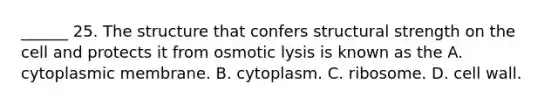 ______ 25. The structure that confers structural strength on the cell and protects it from osmotic lysis is known as the A. cytoplasmic membrane. B. cytoplasm. C. ribosome. D. cell wall.