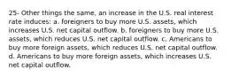 25- Other things the same, an increase in the U.S. real interest rate induces: a. foreigners to buy more U.S. assets, which increases U.S. net capital outflow. b. foreigners to buy more U.S. assets, which reduces U.S. net capital outflow. c. Americans to buy more foreign assets, which reduces U.S. net capital outflow. d. Americans to buy more foreign assets, which increases U.S. net capital outflow.