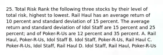 25. Total Risk Rank the following three stocks by their level of total risk, highest to lowest. Rail Haul has an average return of 10 percent and standard deviation of 15 percent. The average return and standard deviation of Idol Staff are 15 percent and 25 percent; and of Poker-R-Us are 12 percent and 35 percent. A. Rail Haul, Poker-R-Us, Idol Staff B. Idol Staff, Poker-R-Us, Rail Haul C. Poker-R-Us, Idol Staff, Rail Haul D. Idol Staff, Rail Haul, Poker-R-Us