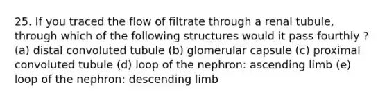 25. If you traced the flow of filtrate through a renal tubule, through which of the following structures would it pass fourthly ? (a) distal convoluted tubule (b) glomerular capsule (c) proximal convoluted tubule (d) loop of the nephron: ascending limb (e) loop of the nephron: descending limb