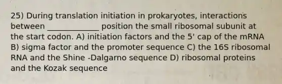 25) During translation initiation in prokaryotes, interactions between _____________ position the small ribosomal subunit at the start codon. A) initiation factors and the 5' cap of the mRNA B) sigma factor and the promoter sequence C) the 16S ribosomal RNA and the Shine -Dalgarno sequence D) ribosomal proteins and the Kozak sequence