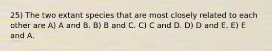 25) The two extant species that are most closely related to each other are A) A and B. B) B and C. C) C and D. D) D and E. E) E and A.