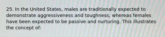 25. In the United States, males are traditionally expected to demonstrate aggressiveness and toughness, whereas females have been expected to be passive and nurturing. This illustrates the concept of: