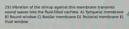 25) Vibration of the stirrup against this membrane transmits sound waves into the fluid-filled cochlea. A) Tympanic membrane B) Round window C) Basilar membrane D) Tectorial membrane E) Oval window