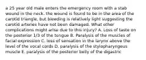 a 25 year old male enters the emergency room with a stab wound in the neck. the wound is found to be in the area of the carotid triangle, but bleeding is relatively light suggesting the carotid arteries have not been damaged. What other complications might arise due to this injury? A. Loss of taste on the posterior 1/3 of the tongue B. Paralysis of the muscles of facial expression C. loss of sensation in the larynx above the level of the vocal cords D. paralysis of the stylopharyngeus muscle E. paralysis of the posterior belly of the digastric