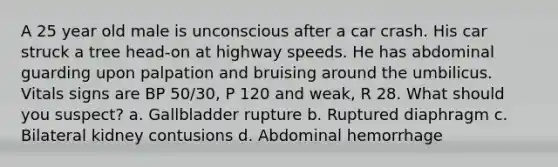 A 25 year old male is unconscious after a car crash. His car struck a tree head-on at highway speeds. He has abdominal guarding upon palpation and bruising around the umbilicus. Vitals signs are BP 50/30, P 120 and weak, R 28. What should you suspect? a. Gallbladder rupture b. Ruptured diaphragm c. Bilateral kidney contusions d. Abdominal hemorrhage