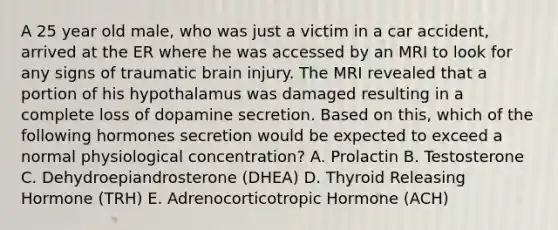 A 25 year old male, who was just a victim in a car accident, arrived at the ER where he was accessed by an MRI to look for any signs of traumatic brain injury. The MRI revealed that a portion of his hypothalamus was damaged resulting in a complete loss of dopamine secretion. Based on this, which of the following hormones secretion would be expected to exceed a normal physiological concentration? A. Prolactin B. Testosterone C. Dehydroepiandrosterone (DHEA) D. Thyroid Releasing Hormone (TRH) E. Adrenocorticotropic Hormone (ACH)