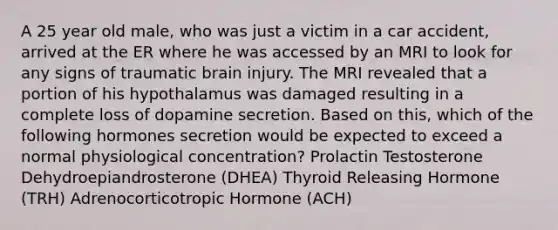 A 25 year old male, who was just a victim in a car accident, arrived at the ER where he was accessed by an MRI to look for any signs of traumatic brain injury. The MRI revealed that a portion of his hypothalamus was damaged resulting in a complete loss of dopamine secretion. Based on this, which of the following hormones secretion would be expected to exceed a normal physiological concentration? Prolactin Testosterone Dehydroepiandrosterone (DHEA) Thyroid Releasing Hormone (TRH) Adrenocorticotropic Hormone (ACH)