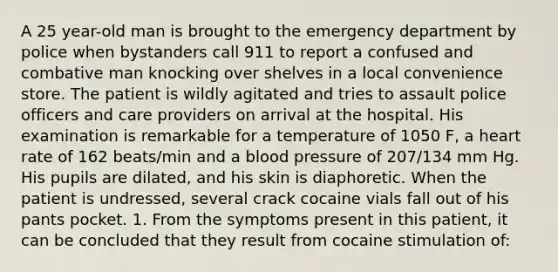 A 25 year-old man is brought to the emergency department by police when bystanders call 911 to report a confused and combative man knocking over shelves in a local convenience store. The patient is wildly agitated and tries to assault police officers and care providers on arrival at the hospital. His examination is remarkable for a temperature of 1050 F, a heart rate of 162 beats/min and a blood pressure of 207/134 mm Hg. His pupils are dilated, and his skin is diaphoretic. When the patient is undressed, several crack cocaine vials fall out of his pants pocket. 1. From the symptoms present in this patient, it can be concluded that they result from cocaine stimulation of: