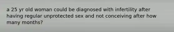 a 25 yr old woman could be diagnosed with infertility after having regular unprotected sex and not conceiving after how many months?