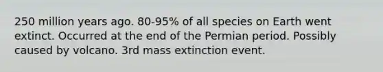 250 million years ago. 80-95% of all species on Earth went extinct. Occurred at the end of the Permian period. Possibly caused by volcano. 3rd mass extinction event.