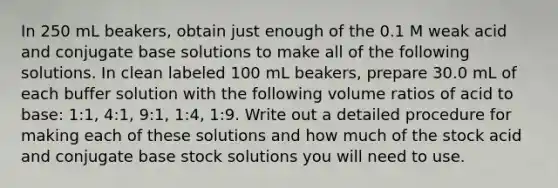 In 250 mL beakers, obtain just enough of the 0.1 M weak acid and conjugate base solutions to make all of the following solutions. In clean labeled 100 mL beakers, prepare 30.0 mL of each buffer solution with the following volume ratios of acid to base: 1:1, 4:1, 9:1, 1:4, 1:9. Write out a detailed procedure for making each of these solutions and how much of the stock acid and conjugate base stock solutions you will need to use.