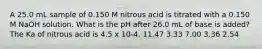 A 25.0 mL sample of 0.150 M nitrous acid is titrated with a 0.150 M NaOH solution. What is the pH after 26.0 mL of base is added? The Ka of nitrous acid is 4.5 x 10-4. 11.47 3.33 7.00 3.36 2.54