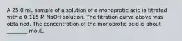 A 25.0 mL sample of a solution of a monoprotic acid is titrated with a 0.115 M NaOH solution. The titration curve above was obtained. The concentration of the monoprotic acid is about ________ mol/L.