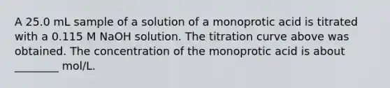 A 25.0 mL sample of a solution of a monoprotic acid is titrated with a 0.115 M NaOH solution. The titration curve above was obtained. The concentration of the monoprotic acid is about ________ mol/L.