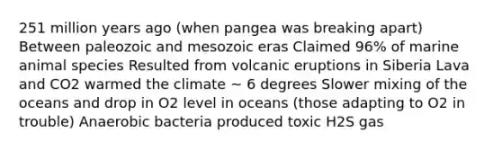 251 million years ago (when pangea was breaking apart) Between paleozoic and mesozoic eras Claimed 96% of marine animal species Resulted from volcanic eruptions in Siberia Lava and CO2 warmed the climate ~ 6 degrees Slower mixing of the oceans and drop in O2 level in oceans (those adapting to O2 in trouble) Anaerobic bacteria produced toxic H2S gas