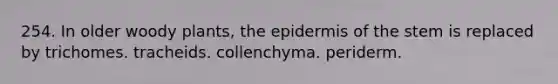 254. In older woody plants, the epidermis of the stem is replaced by trichomes. tracheids. collenchyma. periderm.