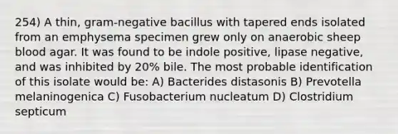 254) A thin, gram-negative bacillus with tapered ends isolated from an emphysema specimen grew only on anaerobic sheep blood agar. It was found to be indole positive, lipase negative, and was inhibited by 20% bile. The most probable identification of this isolate would be: A) Bacterides distasonis B) Prevotella melaninogenica C) Fusobacterium nucleatum D) Clostridium septicum