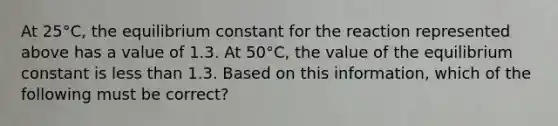 At 25°C, the equilibrium constant for the reaction represented above has a value of 1.3. At 50°C, the value of the equilibrium constant is less than 1.3. Based on this information, which of the following must be correct?