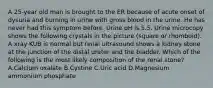 A 25-year old man is brought to the ER because of acute onset of dysuria and burning in urine with gross blood in the urine. He has never had this symptom before. Urine pH is 5.5. Urine microcopy shows the following crystals in the picture (square or rhomboid). A xray KUB is normal but renal ultrasound shows a kidney stone at the junction of the distal ureter and the bladder. Which of the following is the most likely composition of the renal stone? A.Calcium oxalate B.Cystine C.Uric acid D.Magnesium ammonium phosphate