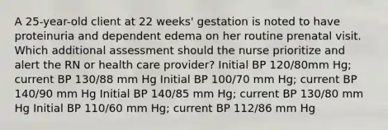 A 25-year-old client at 22 weeks' gestation is noted to have proteinuria and dependent edema on her routine prenatal visit. Which additional assessment should the nurse prioritize and alert the RN or health care provider? Initial BP 120/80mm Hg; current BP 130/88 mm Hg Initial BP 100/70 mm Hg; current BP 140/90 mm Hg Initial BP 140/85 mm Hg; current BP 130/80 mm Hg Initial BP 110/60 mm Hg; current BP 112/86 mm Hg