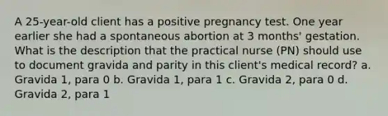 A 25-year-old client has a positive pregnancy test. One year earlier she had a spontaneous abortion at 3 months' gestation. What is the description that the practical nurse (PN) should use to document gravida and parity in this client's medical record? a. Gravida 1, para 0 b. Gravida 1, para 1 c. Gravida 2, para 0 d. Gravida 2, para 1