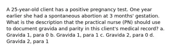 A 25-year-old client has a positive pregnancy test. One year earlier she had a spontaneous abortion at 3 months' gestation. What is the description that the practical nurse (PN) should use to document gravida and parity in this client's medical record? a. Gravida 1, para 0 b. Gravida 1, para 1 c. Gravida 2, para 0 d. Gravida 2, para 1 ​