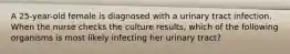 A 25-year-old female is diagnosed with a urinary tract infection. When the nurse checks the culture results, which of the following organisms is most likely infecting her urinary tract?