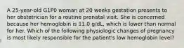 A 25-year-old G1P0 woman at 20 weeks gestation presents to her obstetrician for a routine prenatal visit. She is concerned because her hemoglobin is 11.0 g/dL, which is lower than normal for her. Which of the following physiologic changes of pregnancy is most likely responsible for the patient's low hemoglobin level?